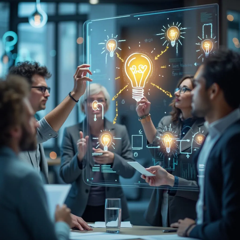 Team collabora con idee innovative su una lavagna trasparente